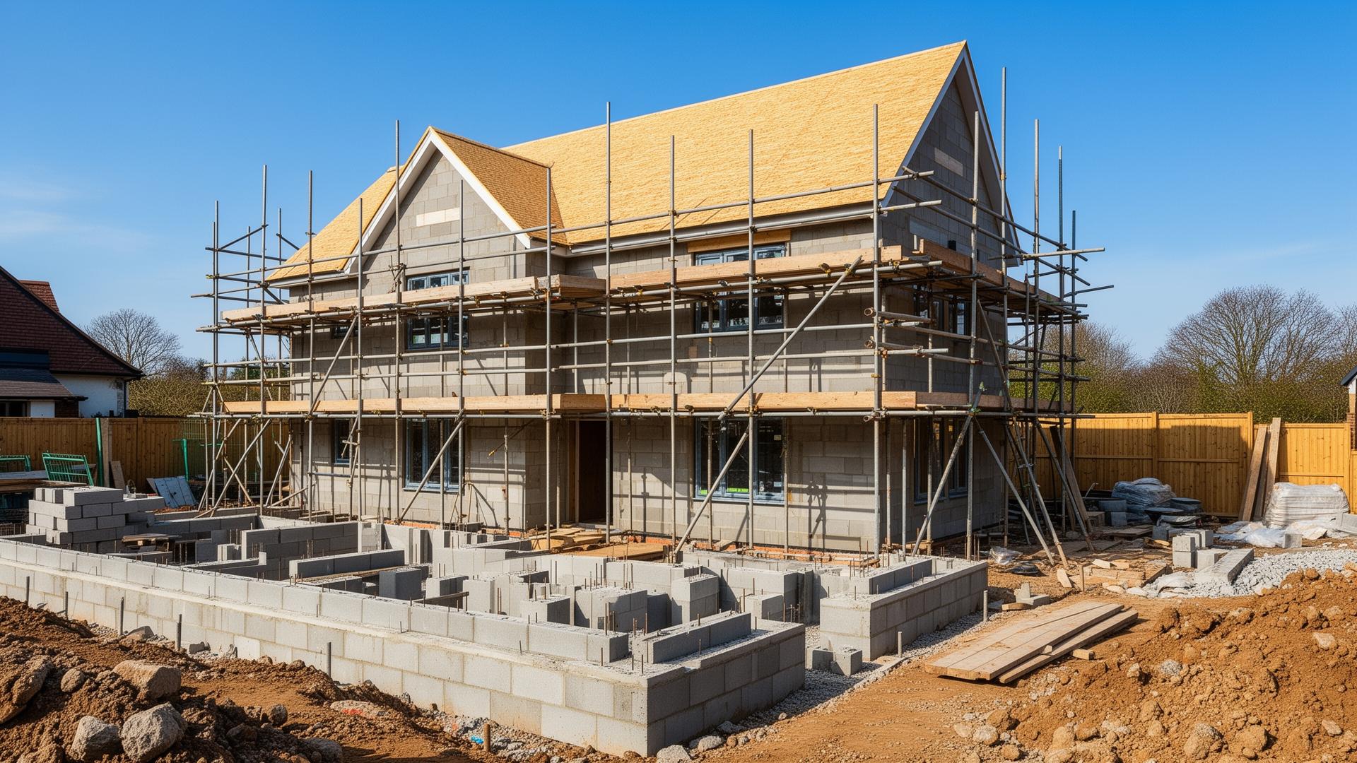 New build house construction with scaffolding